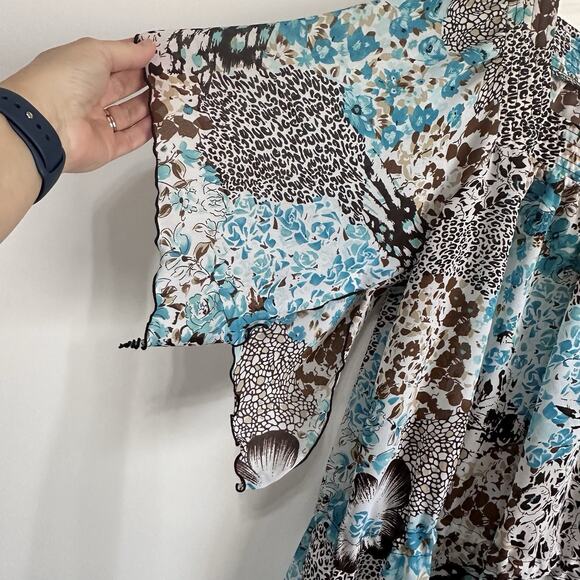Sere Nade Top M Blue Brown Animal Chiffon Drawstring Split Sleeve Popover Boho - Picture 3 of 9